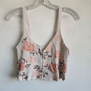Intimately Free People XS Crop Top Womens Cream Floral Ribbed Knit Hook Eye Tank